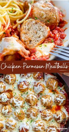 chicken parmesan meatballs in a skillet with pasta and sauce