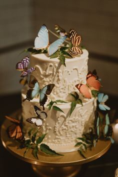 a white wedding cake with butterflies on the top and bottom tier, sitting on a gold plate