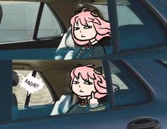 two pictures of the same person sitting in a car, one with pink hair and another with blue eyes