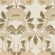 a wallpaper pattern with flowers and leaves on white background, in shades of beige