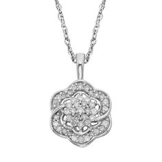 "Pendant Details: Pendant Length: .44 in. Necklace Length: 18 in. Clasp: spring-ring Metal: rhodium-plated sterling silver Diamond Details: Total weight: 1/4 ct. Cut: round Setting: prong Clarity: I2-I3 Image(s) may be enlarged to show detail.Diamond weights are approximate. Diamond total weights may vary between .01 and .08 ct. Some diamonds have fewer than 17 facets. Size: 18"". Color: White. Gender: female. Age Group: adult." Diamond Flower Pendant, Pendant Diamond, Fashion Pendant, Pendant Earring, Diamond Chain, Buying Diamonds, Diamond Flower, Ring Metal, Silver Pendants