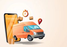 an orange delivery van is next to a cell phone with icons coming out of it