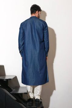 Blue kurta with pleated collar, placket and either sides. Paired with a pant. - Aza Fashions Traditional Blue Kurta For Work, Blue Long Sleeve Workwear Kurta, Blue Long Sleeve Kurta For Workwear, Chinese Collar, Blue Man, Aza Fashion, Custom Made, Pants Set, Types Of Sleeves