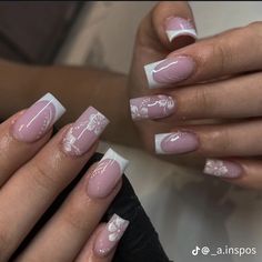 Pastel Pink Acrylics, French Tip Acrylic Nails With Flower, Nail Inpos Ideas, Floral Acrylics, Creative French Tip Nails, French Tip Nails Design, Homemade Nails, Holiday Acrylic Nails