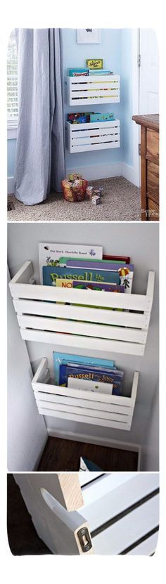 three different pictures of bookshelves in the same room, one is white and the other has blue walls