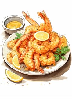 a white plate topped with shrimp next to a bowl of dipping sauce and lemon wedges