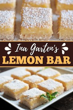 lemon bars with powdered sugar on top and in the background text reads ina garter's lemon bar