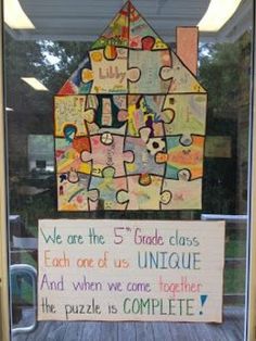 a house made out of puzzle pieces with the words we are the 5 th grade class each one of us unique and when we come together, the puzzle is complete