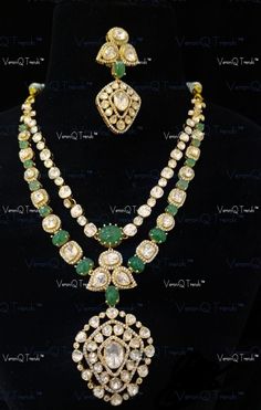 VeroniQ Trends-Victorian Double Line Emerald Ruby And Polki Silver Necklace 92.5 Silver Moissanite Diamond Polki-Gold Plated-Wedding Jewelry-Punjabi Jewelry-South Indian-Thappa Jewelry - VeroniQ Trends Punjabi Jewelry, Gold Jewellery Design Necklaces, Fresh Water Pearls, What's App