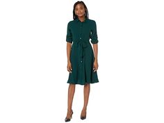 LAUREN Ralph Lauren Fit-and-Flare Shirtdress - Women's Dress : Deep Pine : Craft a memorable look from desk to dinner with the polished LAUREN Ralph Lauren Fit-and-Flare Shirtdress. Shirtdress features a flattering fit-and-flare silhouette on a poly fabrication. Back waist darts lend to a structured silhouette. Long sleeves with roll-tab cuffs. Point collar. Straight back yoke. Threaded belt loops and self-tie belt at waist. Front button placket. Straight hemline. 100% polyester. Machine wash co Simple Mini Dress, Rosegal Plus Size, Plus Size Belts, Sukienki Plus Size, Green Shirt Dress, Trendy Plus Size Clothing, Short Sleeve Mini Dress, Sammy Dress, Green Shirt