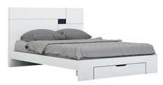 a white bed with two drawers underneath it and a night stand in front of it