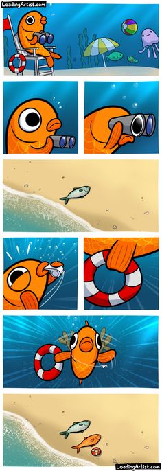 an animated comic strip with cartoon fish in the water