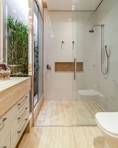 a modern bathroom with glass walls and wooden flooring