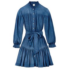 Comfort Meets Style On This Breezy Long-Sleeve Dress. Crafted From Ultra-Lightweight Tissue Denim, Its Ruffled Hem And Tie Waist Create A Flowing Femme Silhouette. Model Is A Size Small. Height 5'10 Hits Above Knee 37" Inches From High Point Shoulder 100% Cotton Skirt Lining: 100% Cotton Pockets On Side Seams W/Self Belt Hand Wash Cold, Do Not Bleach, Lay Flat To Dry, Low Iron If Needed Button-Up Front Imported Item No. 618137d869 Blue Flowy Dress, Long Sleeve Flowy Dress, Theia Couture, Blue Plaid Dress, Skater Style Dress, Skirt Lining, Polka Dot Maxi Dresses, Guess Dress, Blouson Dress