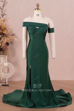 off the shoulder stretchy jersey mermaid formal dress Budget Bridesmaid Dresses, Off The Should Dress, Horsehair Hem, Off Shoulder Bridesmaid Dress, Mermaid Bridesmaid, Dark Green Dress, Green Jersey, Designer Bridesmaid Dresses, Affordable Bridesmaid Dresses