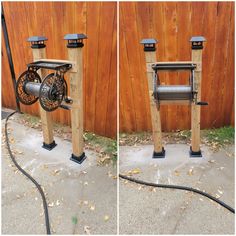 two pictures of an old fashioned machine on the side of a wooden building, with one being used as a water pump