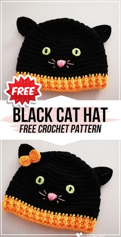 crocheted black cat hat with yellow ears and tail is shown in two different views