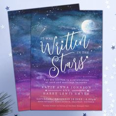 two cards with the words written on them and stars in the sky behind them, one is