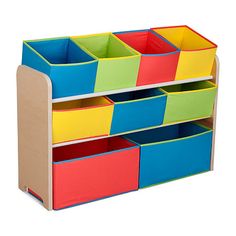 a toy shelf with different colored bins on it