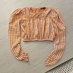 New Without Tags Trendy Grid Pattern Tops For Spring, Zara Gingham Tops For Summer, Zara Plaid Tops For Spring, Zara Gingham Casual Tops, Casual Gingham Zara Tops, Gingham Crop Top, Orange White, Zara Tops, Color Orange