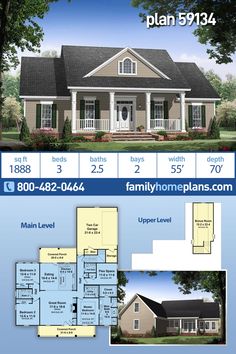 two story house plan with 3 bedroom and 2 bathrooms in the front, three car garage on