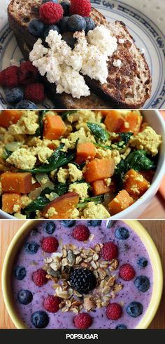 four different pictures of breakfast foods including eggs, berries and toast with yogurt