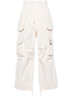 white cotton blend crinkled finish elasticated waistband with internal drawstring two diagonal pockets to the sides two press-stud fastening side pockets two rear welt pockets straight leg drawstring hem When buying this unisex item, keep in mind that it is graded in standard men's sizing. White Parachute Pants With Hip Pockets For Streetwear, White Baggy Cargo Pants With Hip Pockets, White Techwear Pants With Pockets, White Cargo Pants With Hip Pockets For Streetwear, White Drawstring Parachute Pants For Streetwear, Techwear Cotton Parachute Pants With Patch Pockets, Cotton Techwear Parachute Pants With Patch Pockets, White Techwear Cargo Pants With Pockets, White Parachute Pants With Multiple Pockets For Streetwear