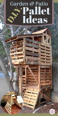 a wooden pallet with stairs and steps on the side, in front of a tree