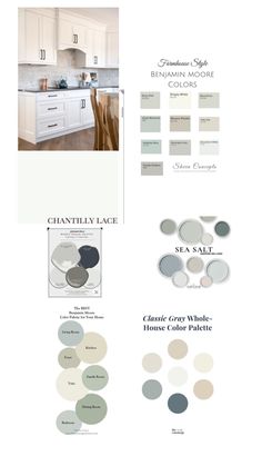 the color scheme for a kitchen with white cabinets and gray counter tops