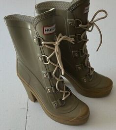 ad eBay - Hunter Gabby Lace-Up Heeled Rain Boots - Green And Tan -Women’s Size 7 US  MINT - Buy Now, click the link (eBay) Tan Women, Heeled Rain Boots, Tan Woman, Click The Link, Women's Boots, Rain Boots, Buy Now, Womens Boots, Size 7