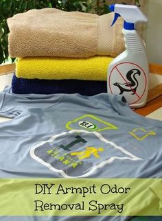 several towels and cleaning products on top of a bed with the words diy armpit odor removal spray