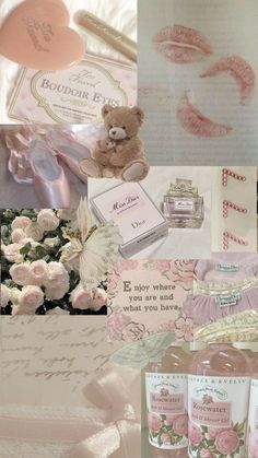 a collage of pink and white items including roses, soaps, perfume bottles