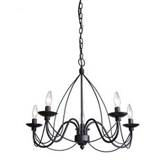 a black chandelier with five lights hanging from it's center and four arms