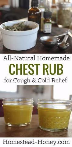 This all-natural cold relief chest rub, made with beeswax and herbal infused oils is a great remedy to have on hand for winter coughs and congestion. Homemade Chest Rub, Chest Rub, Cold Relief, Sick Remedies, Remedies For Cough, Rub Recipes