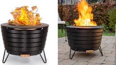 an outdoor fire pit is shown with flames coming out of the top and on the bottom