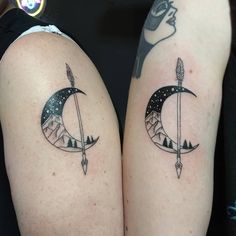 two tattoos on the legs of people with arrows and an arrow in the shape of a half moon