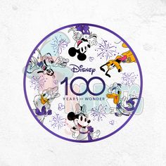 the disney 100th anniversary logo with mickey mouse and other cartoon characters in purple on a white background