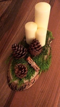 two candles sitting on top of a piece of wood covered in moss and pine cones