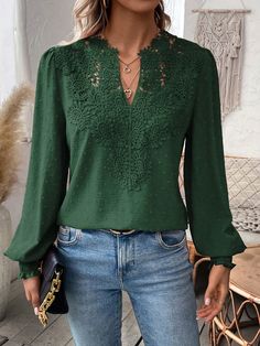 Women Embroidered Decor Solid Color Shirt,Long Sleeve Tops Dark Green Casual  Long Sleeve Woven Fabric Plain Top Non-Stretch  Women Clothing, size features are:Bust: ,Length: ,Sleeve Length: Seamless Clothing, Silk Outfits, Lace Long Sleeve Shirt, Lace Patchwork, Solid Color Shirt, Casual Tops For Women, Lace Fashion, Casual Blouse, Long Sleeve Casual