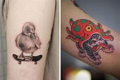 two different tattoos on the same arm and one with a duck riding a skateboard