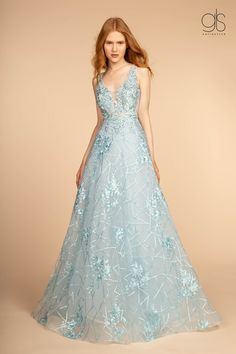 Embroidered Long Illusion V-Neck Dress by GLS Gloria GL2564-Long Formal Dresses-ABC Fashion Illusion Embroidery, Tulle Long Dress, A Line Evening Dress, Prom Long, A Line Gown, Long Prom Dress, Embellished Dress, Long Island, V Neck Dress