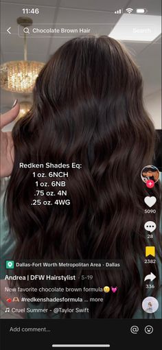 Sarah Knuth Hair, Red Brown Hair Formula, Chocolate Brown Formula, Brown Hair Formulas, Shades Eq Formulas Brunettes, Redken Brunette Formulas, Brunette Hair Shades, Chocolate Brunette Hair Color