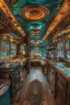 the interior of a bus is decorated in gold and turquoise colors with intricately detailed details