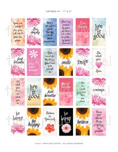 a collage of different cards with words and flowers on the front, one saying life is