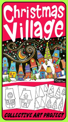 the christmas village coloring book is shown in red, white and green with an image of houses on it