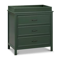 a green dresser with three drawers and two pulls on the bottom drawer, in front of a white background