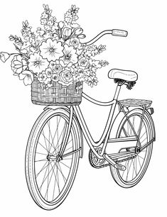 a drawing of a bicycle with flowers in the basket on it's front wheel