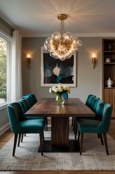 a dining room table with blue chairs and a chandelier