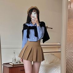 Korean Outfits Skirts, Skirt Outfits Korean, Ulzzang Outfit, Campus Outfit, Rok Mini, Clueless Outfits, 가을 패션, Girly Outfits