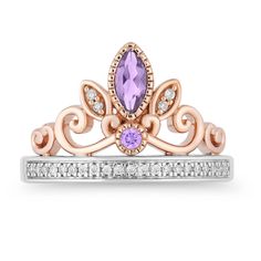 Disney Rapunzel Inspired Diamond and Rose-De-France Tiara Ring in 14K Rose Gold over Sterling Silver 1/10 CTTW | Enchanted Disney Fine Jewelry Rapunzel Tiara, Enchanted Disney, Enchanted Disney Fine Jewelry, Disney Fine Jewelry, Tiara Ring, Princess Ring, Bridal Jewelry Collection, Diamond Fashion Rings, Unique Diamond Rings